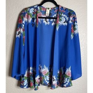 Lavender‎ Honey Womens XL Blue Floral Open Front Cardigan Kimono Asian Style
